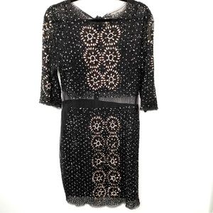 Topshop Black Lace Beaded Rhinestones Cocktail Mini Dress 3/4 Sleeve Sz 10 Prom